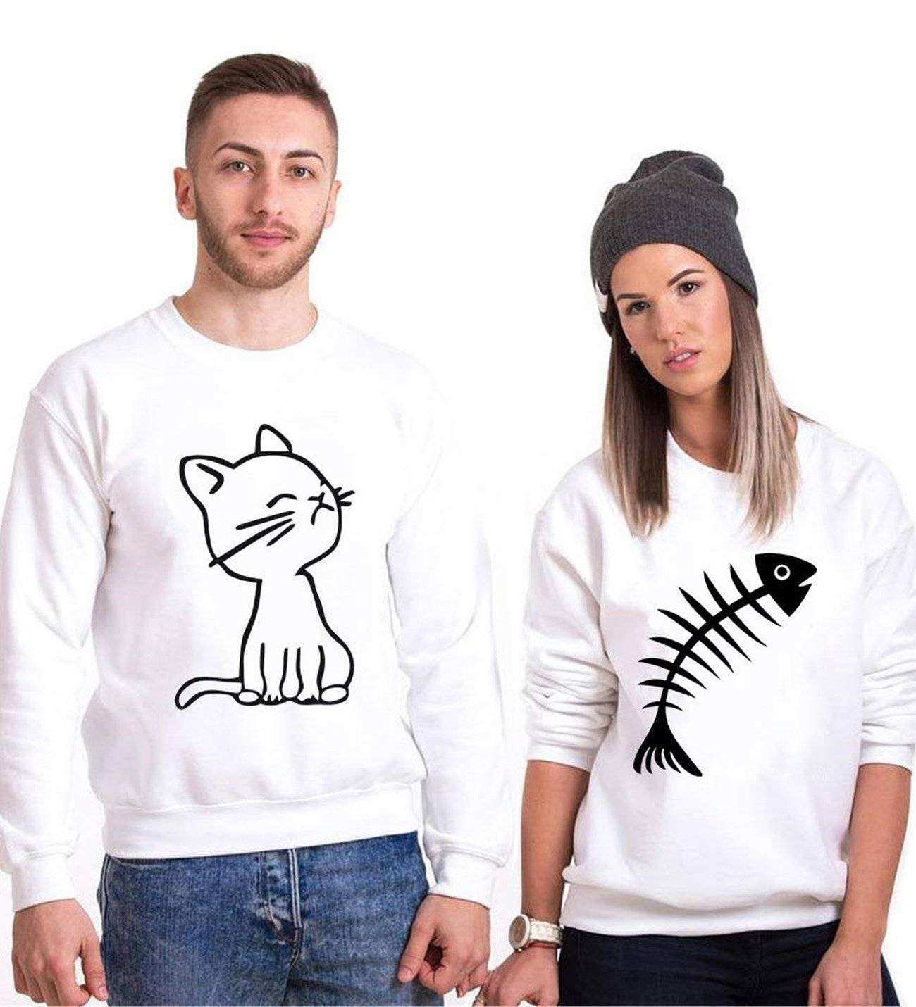 Tshirthane Kedi Ve Balık Cat Fish Sevgili Kombinleri Sweatshirt Kombini