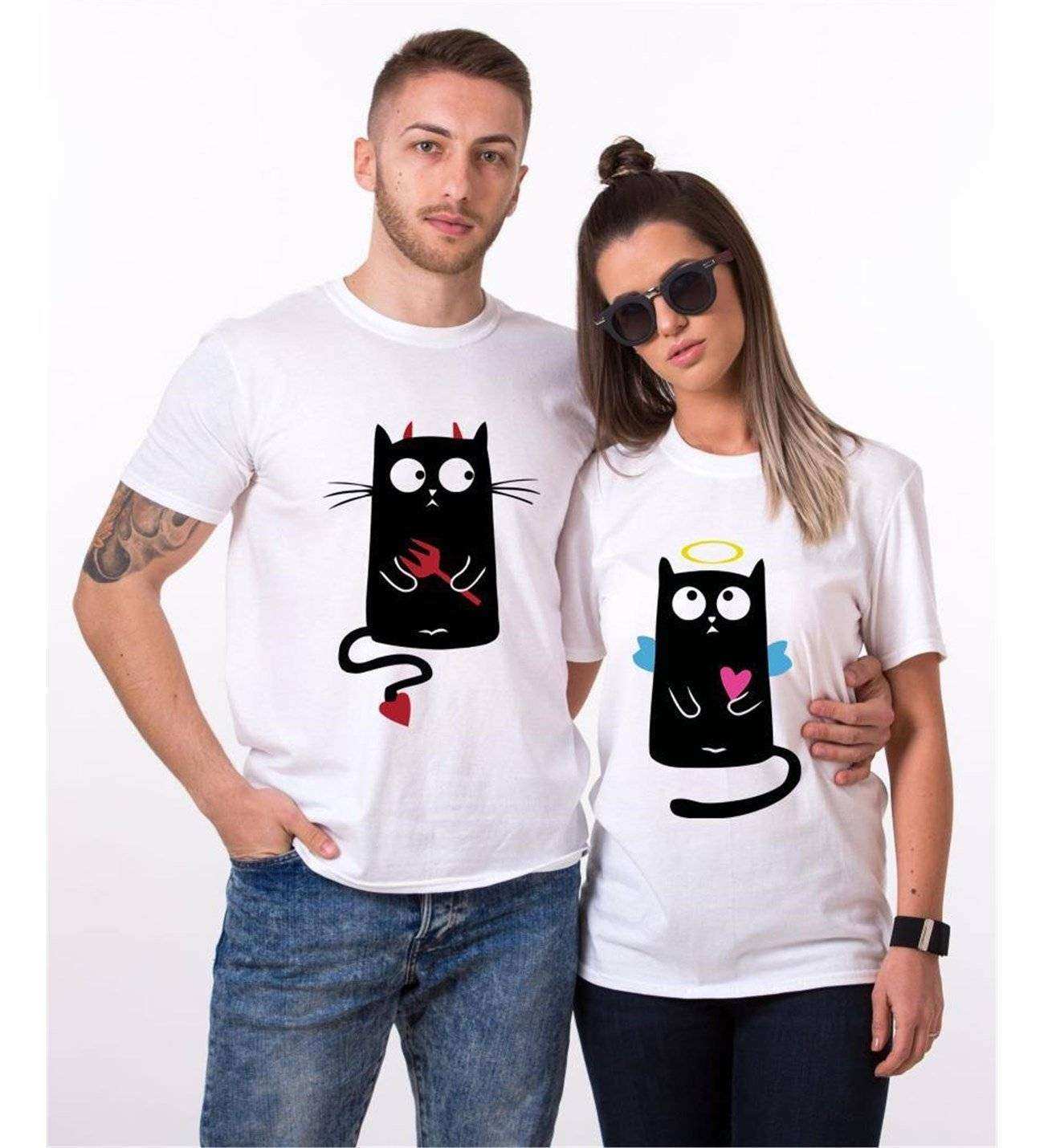 Tshirthane Angel Cat Devil Cat Sevgili Kombinleri Tshirt Kombini