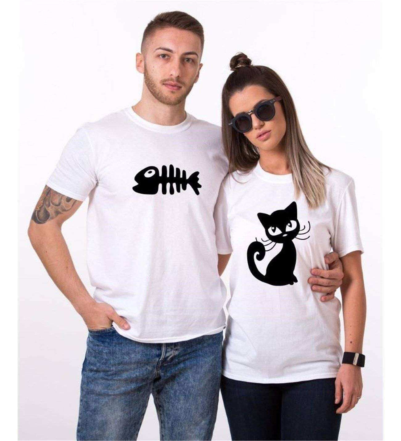 Tshirthane Kedi Ve Balık Cat Fish Sevgili Kombinleri Tshirt Kombini