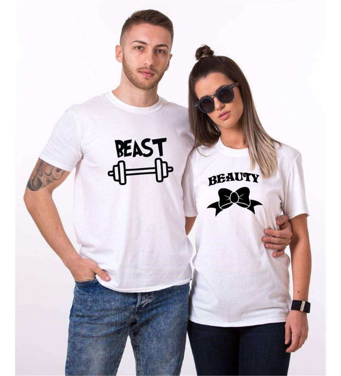 Tshirthane Beast Beauty Dumbell Öpücük Sevgili Kombinleri Tshirt Kombini