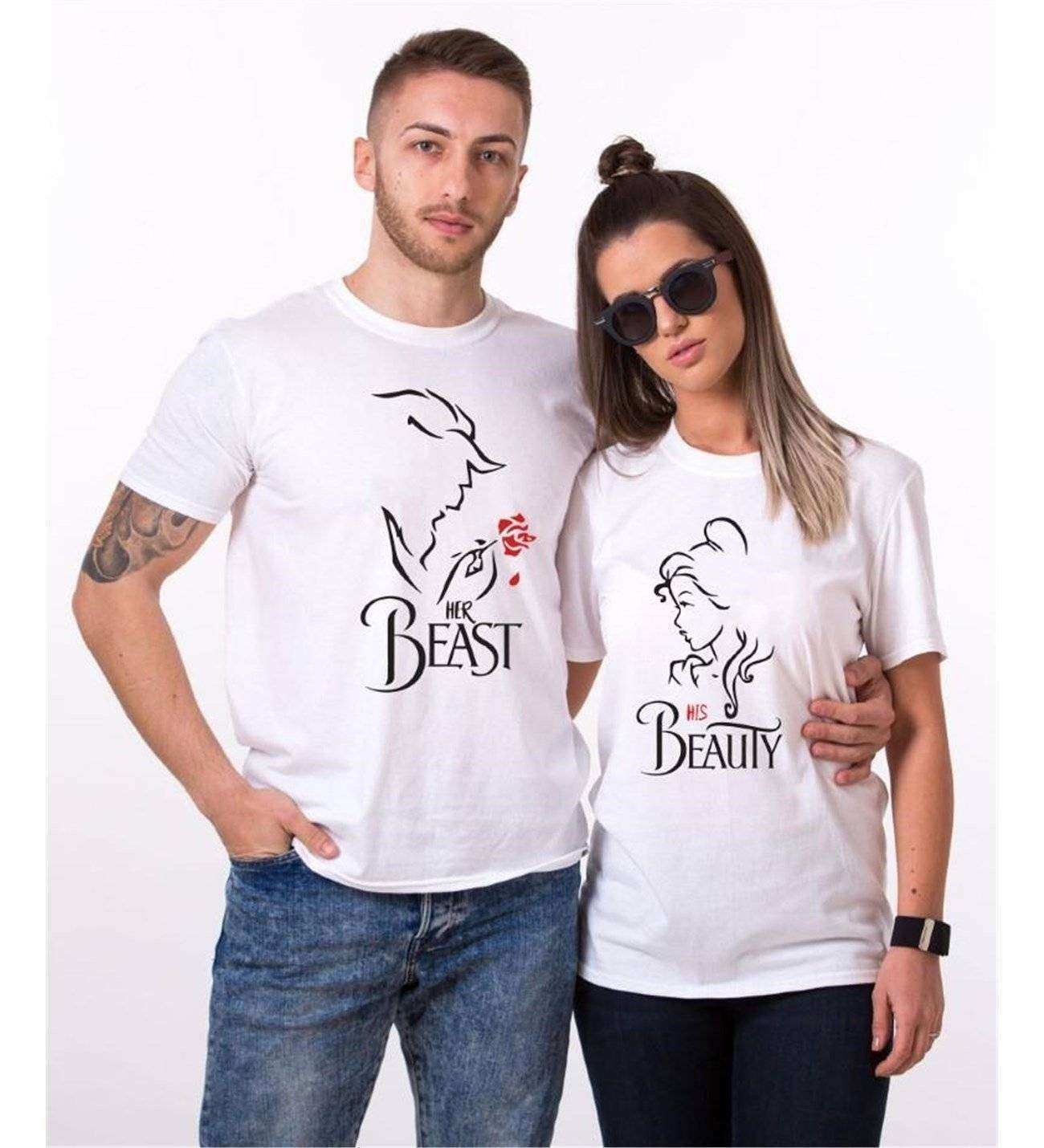 Tshirthane Beast Beauty Gül Sevgili Kombinleri Tshirt Kombini