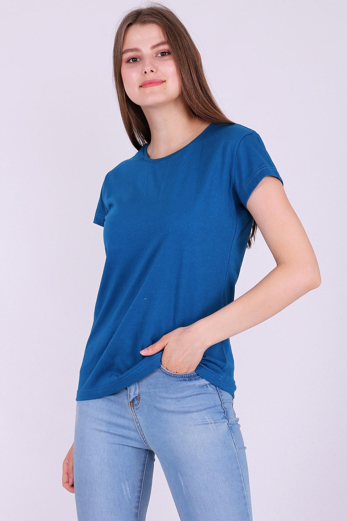 İndigo Mavi Renk %100 Pamuk Bisiklet Yaka Basic Baskısız Kadın Örme Kısa Kollu Tshirt