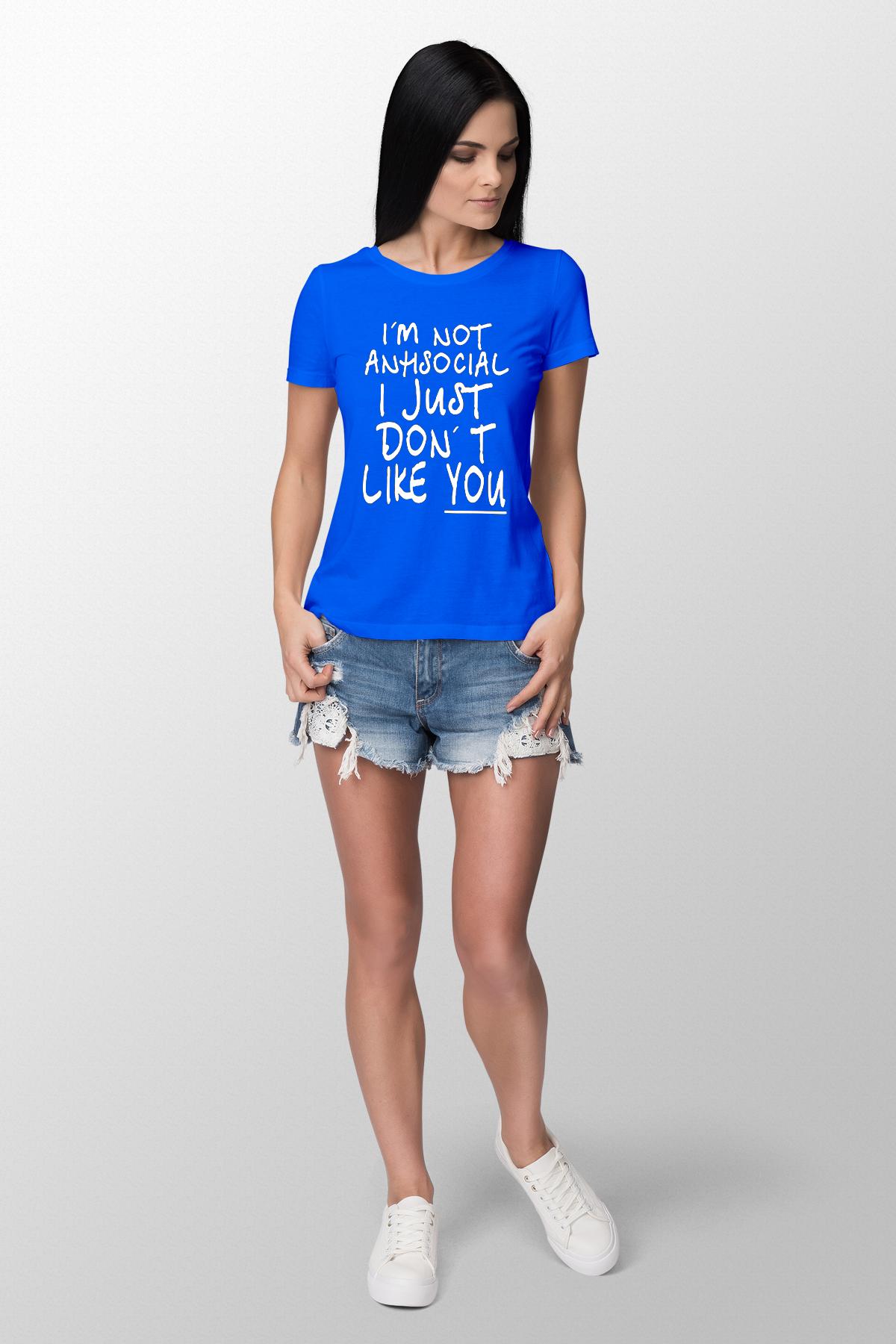 Antisocial Baskılı Dar Kesim Kadın Mavi t-shirt