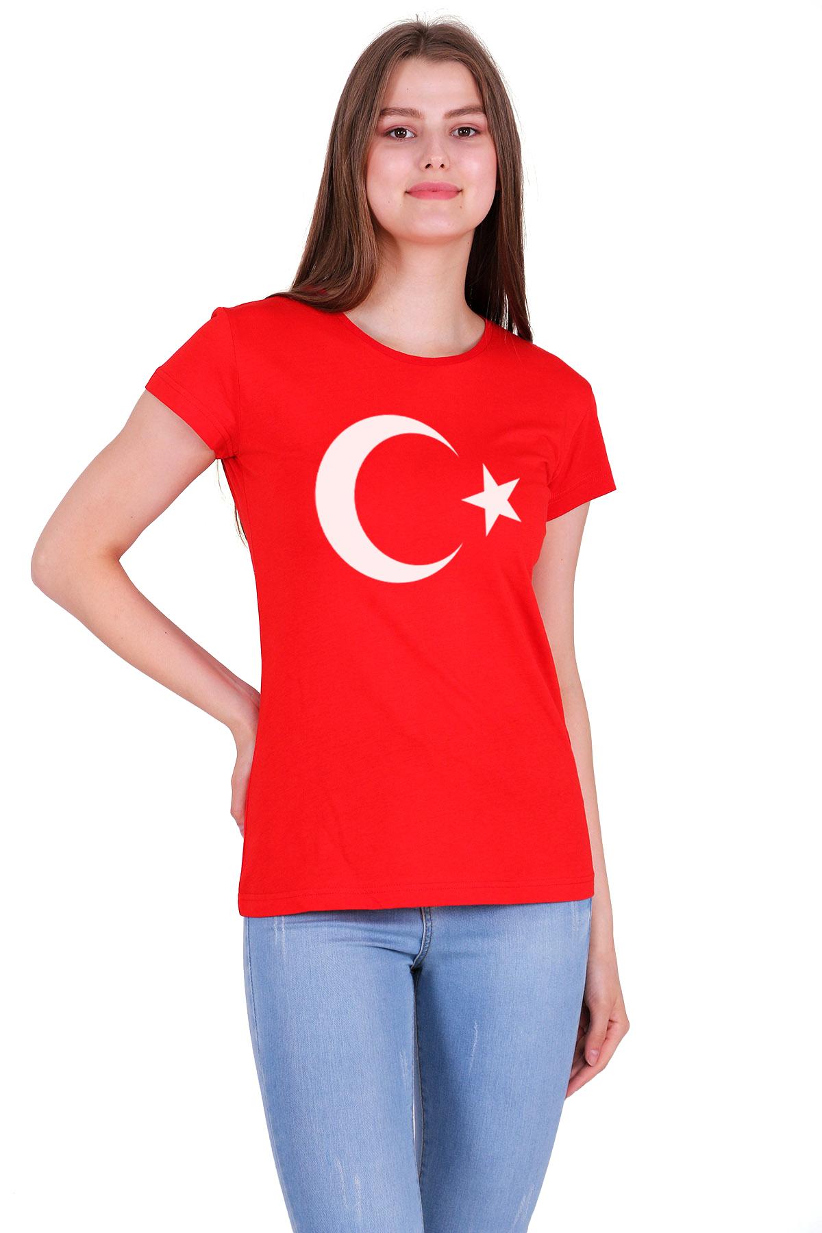Türk Bayrak Ay Yıldız  Baskılı Dar Kesim Kadın Kırmızı t-shirt
