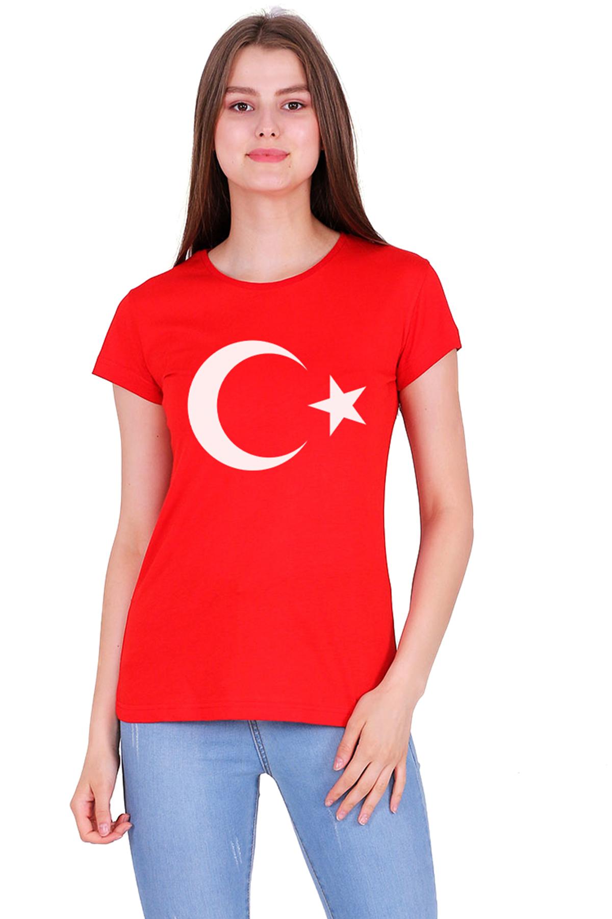 Türk Bayrak Ay Yıldız  Baskılı Dar Kesim Kadın Kırmızı t-shirt