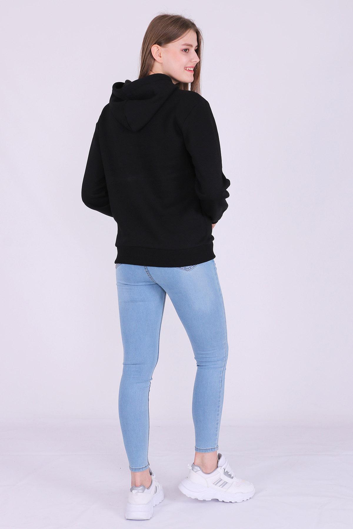 Siyah Basic Oversize Kadın Kapüşonlu Hoodie 3 iplik Sweatshirt