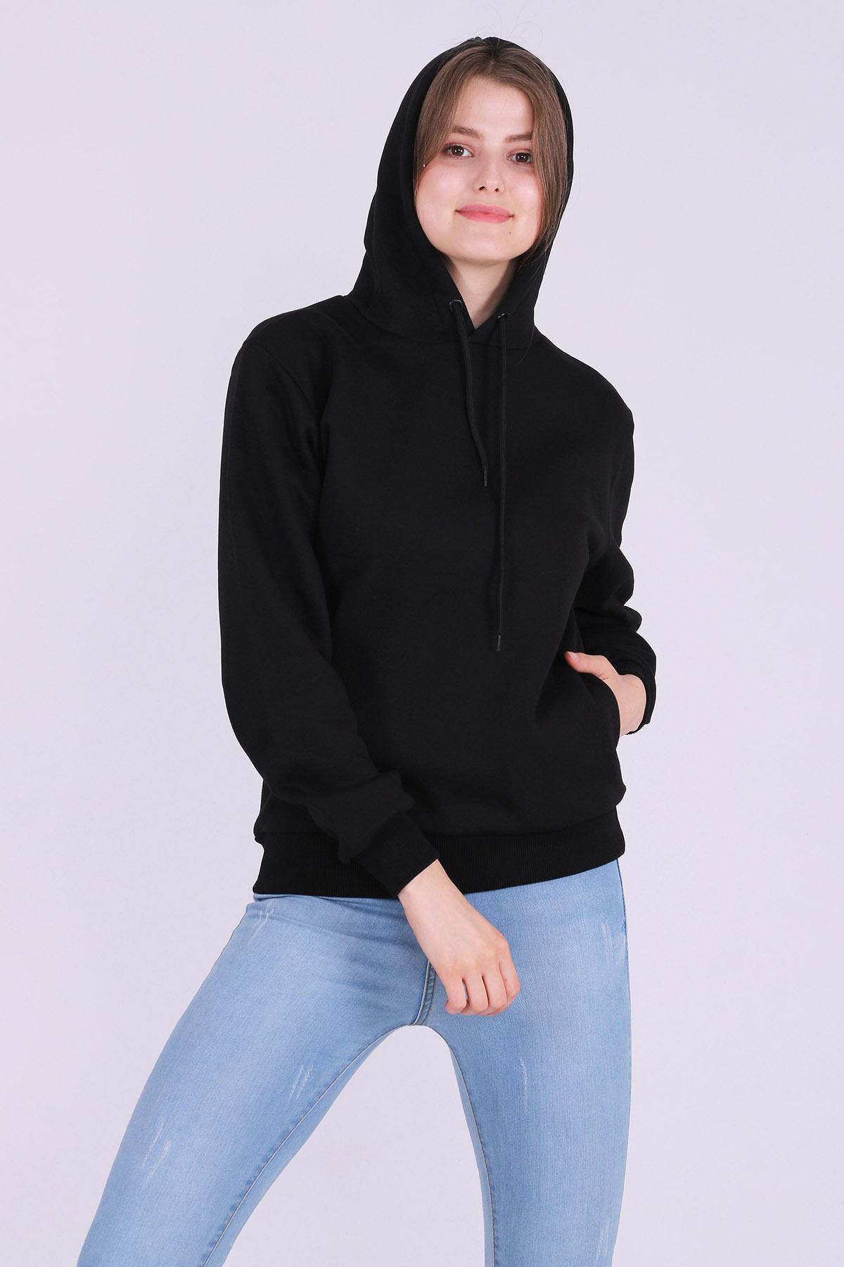 Siyah Basic Oversize Kadın Kapüşonlu Hoodie 3 iplik Sweatshirt