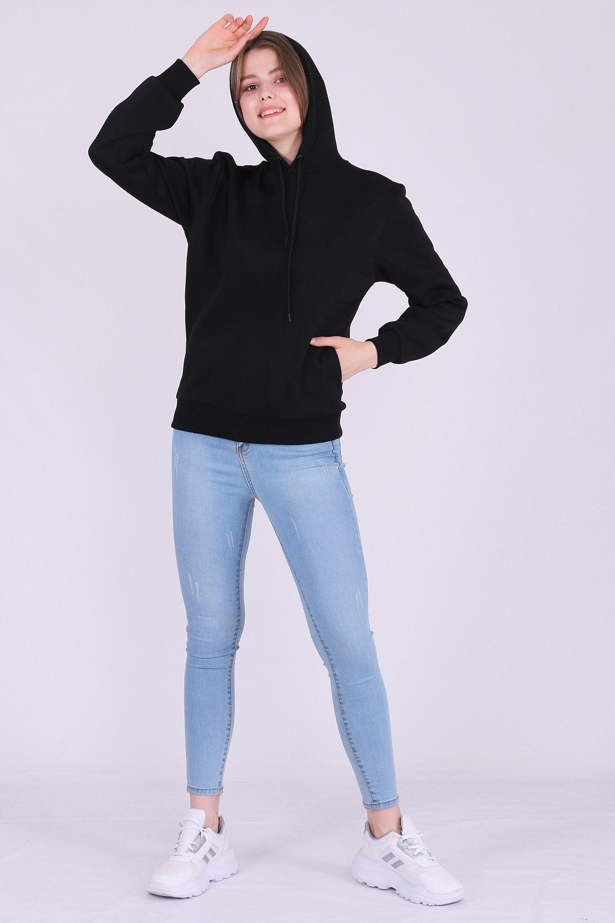 Siyah Basic Oversize Kadın Kapüşonlu Hoodie 3 iplik Sweatshirt