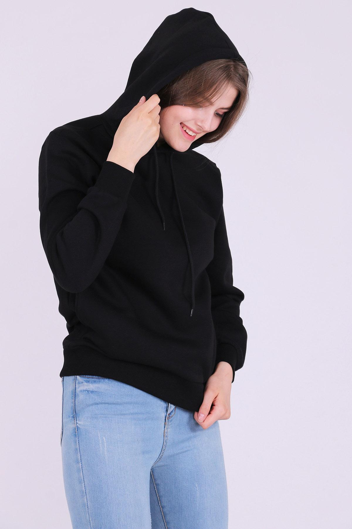 Siyah Basic Oversize Kadın Kapüşonlu Hoodie 3 iplik Sweatshirt