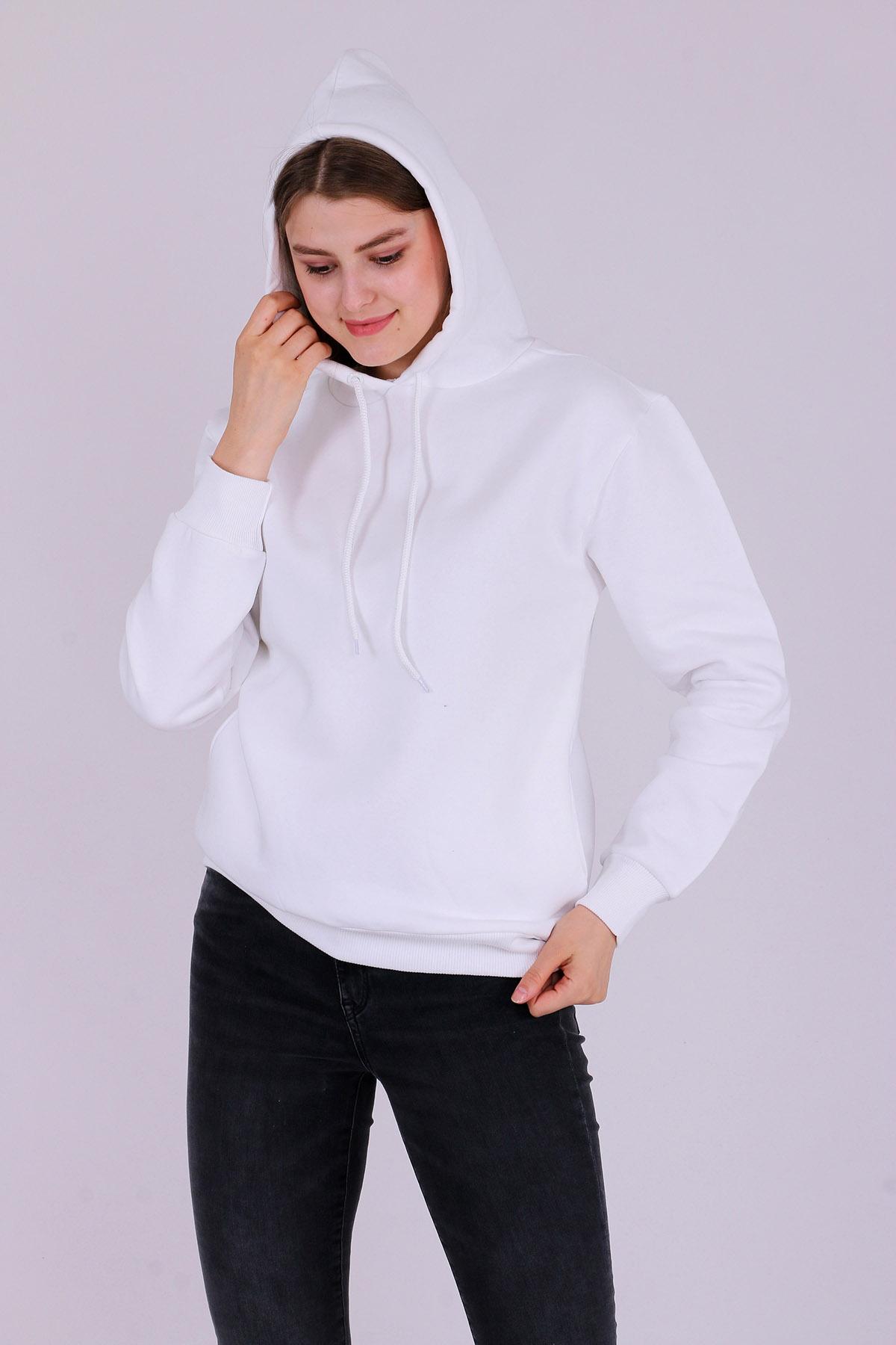 Beyaz Basic Oversize Kadın Kapüşonlu Hoodie 3 iplik Sweatshirt