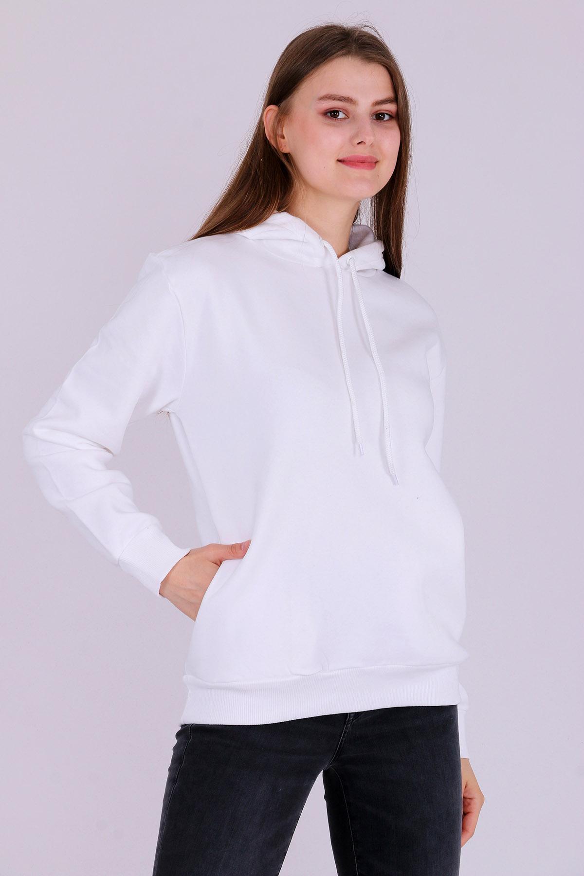 Beyaz Basic Oversize Kadın Kapüşonlu Hoodie 3 iplik Sweatshirt