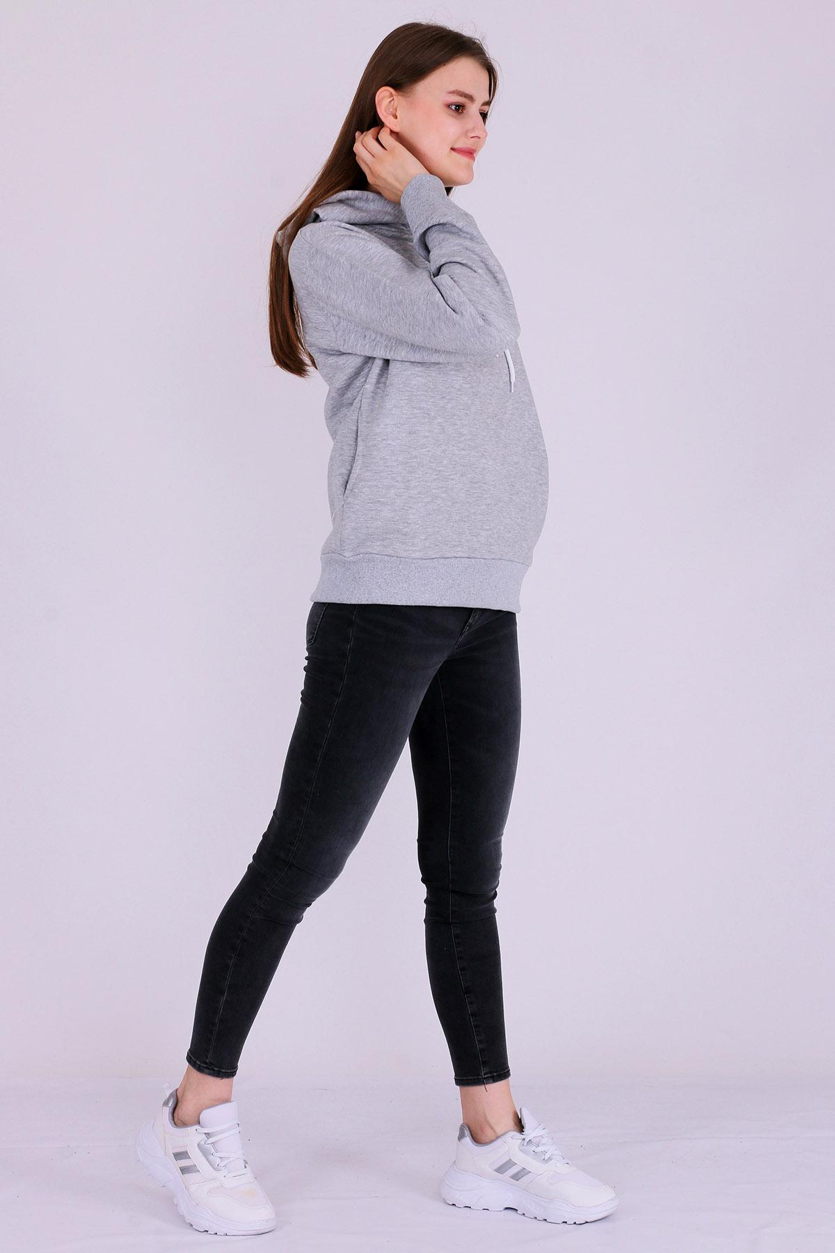 Gri Basic Oversize Kadın Kapüşonlu Hoodie 3 iplik Sweatshirt