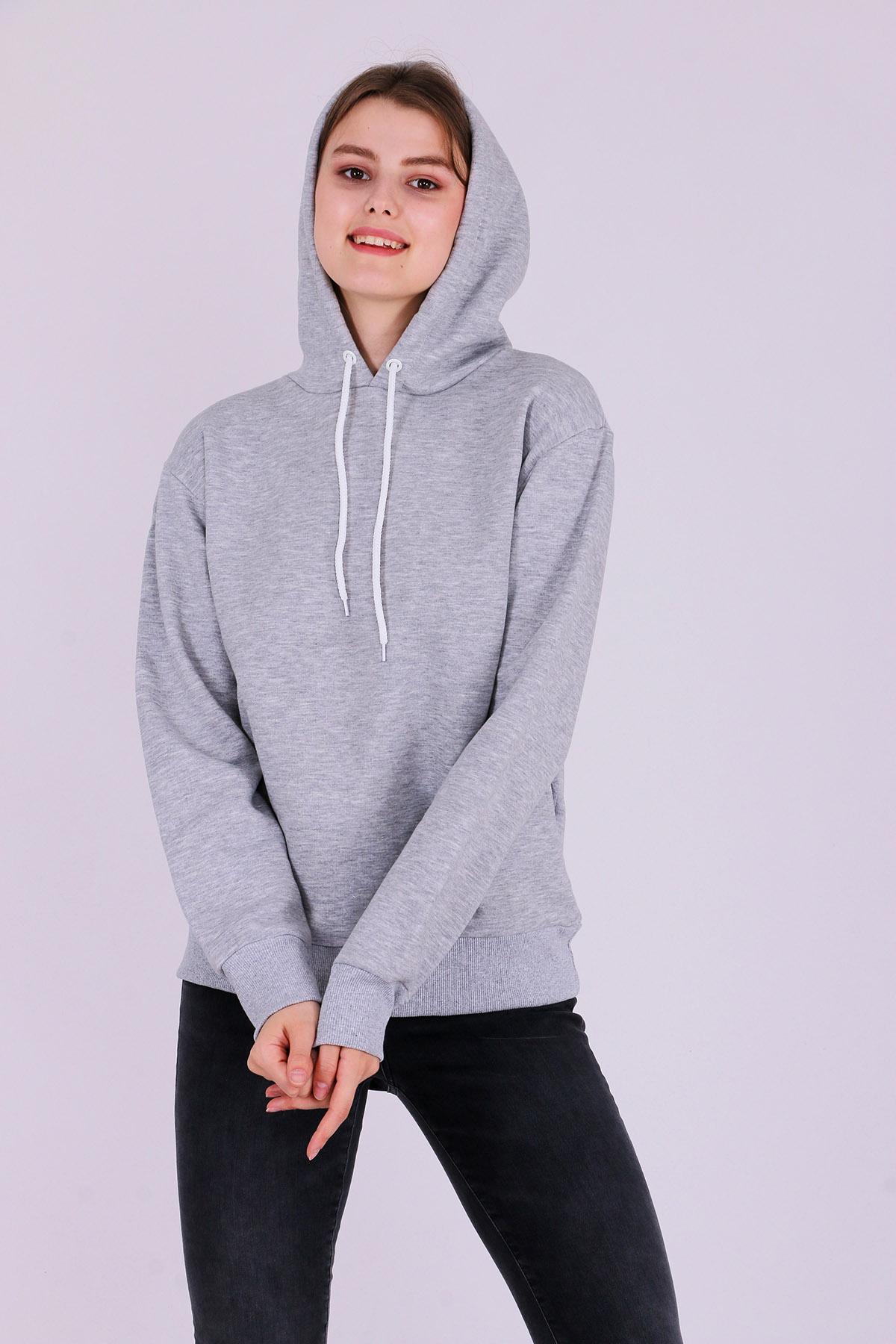 Gri Basic Oversize Kadın Kapüşonlu Hoodie 3 iplik Sweatshirt