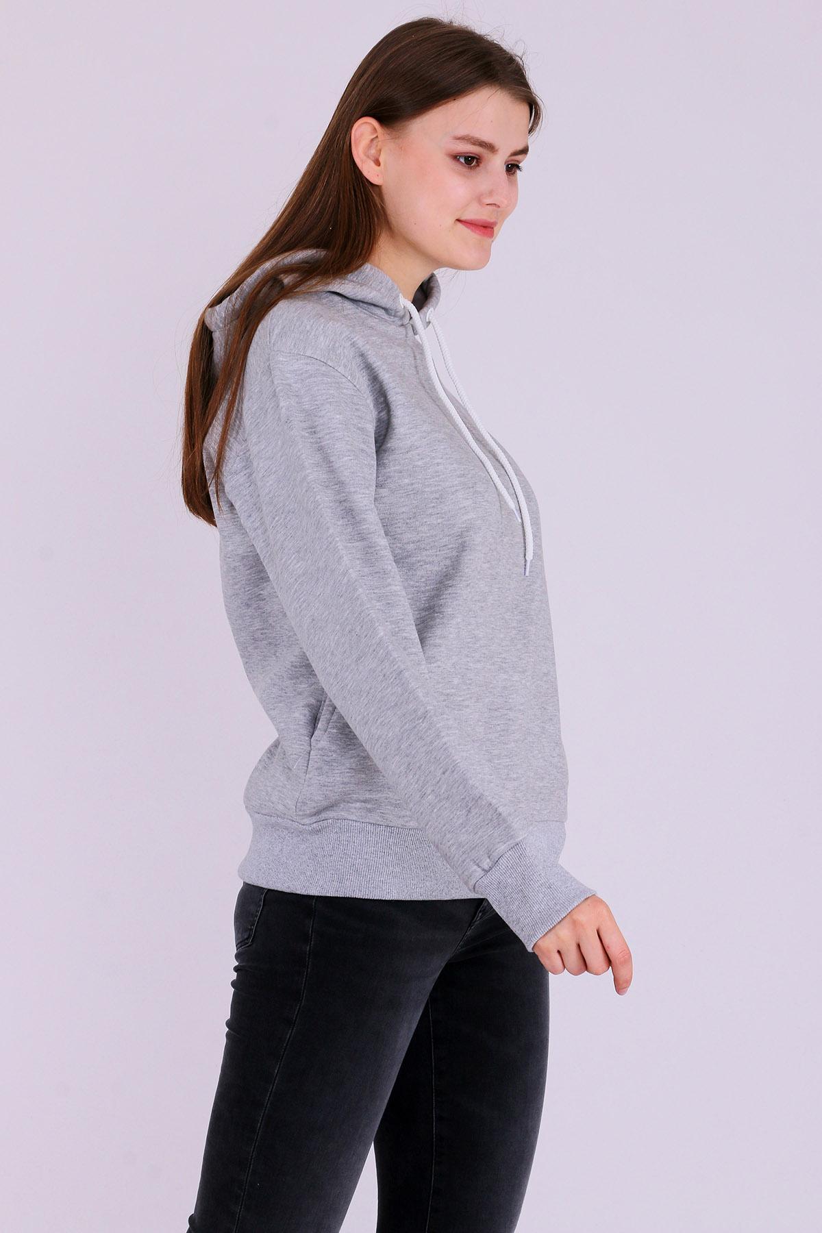 Gri Basic Oversize Kadın Kapüşonlu Hoodie 3 iplik Sweatshirt