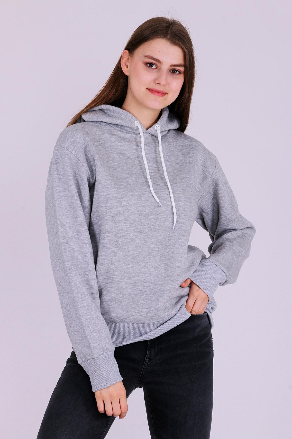 Gri Basic Oversize Kadın Kapüşonlu Hoodie 3 iplik Sweatshirt
