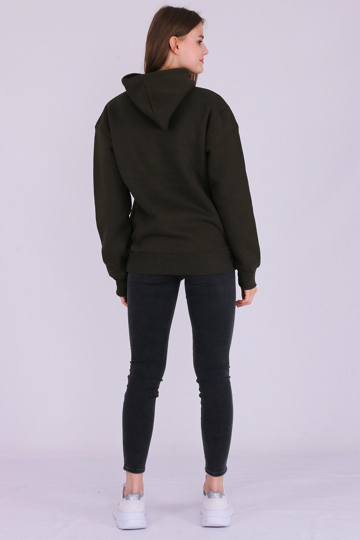 Haki Basic Oversize Kadın Kapüşonlu Hoodie 3 iplik Sweatshirt