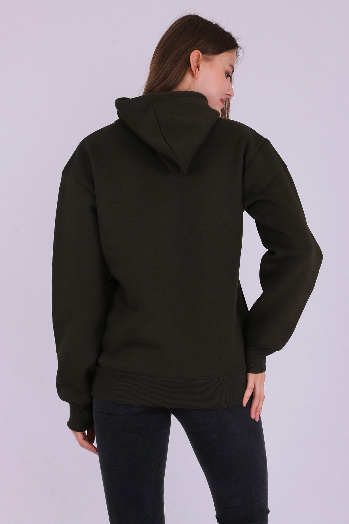 Haki Basic Oversize Kadın Kapüşonlu Hoodie 3 iplik Sweatshirt