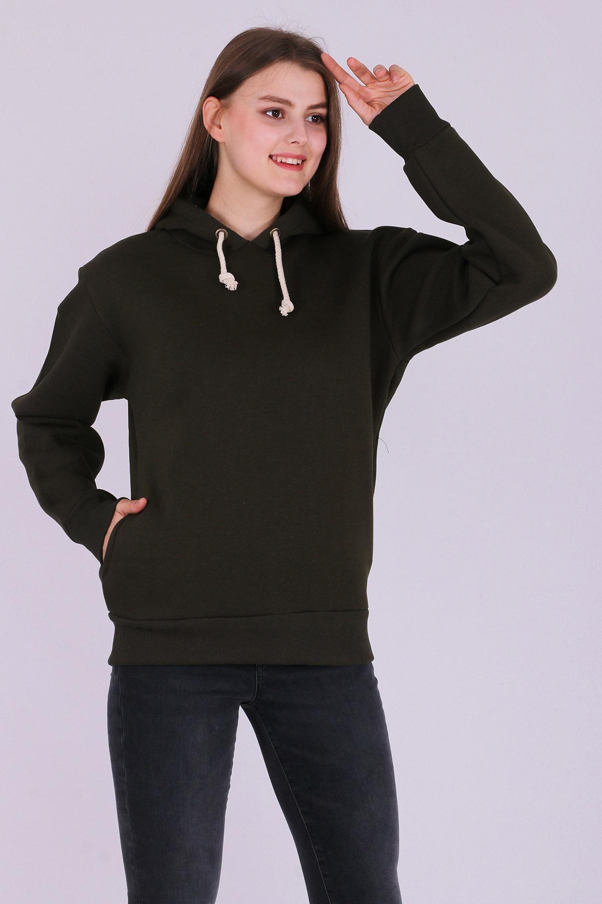 Haki Basic Oversize Kadın Kapüşonlu Hoodie 3 iplik Sweatshirt
