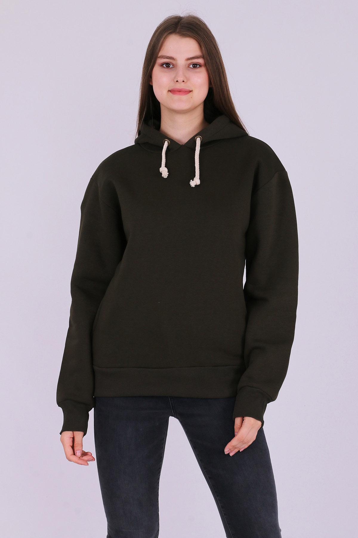 Haki Basic Oversize Kadın Kapüşonlu Hoodie 3 iplik Sweatshirt