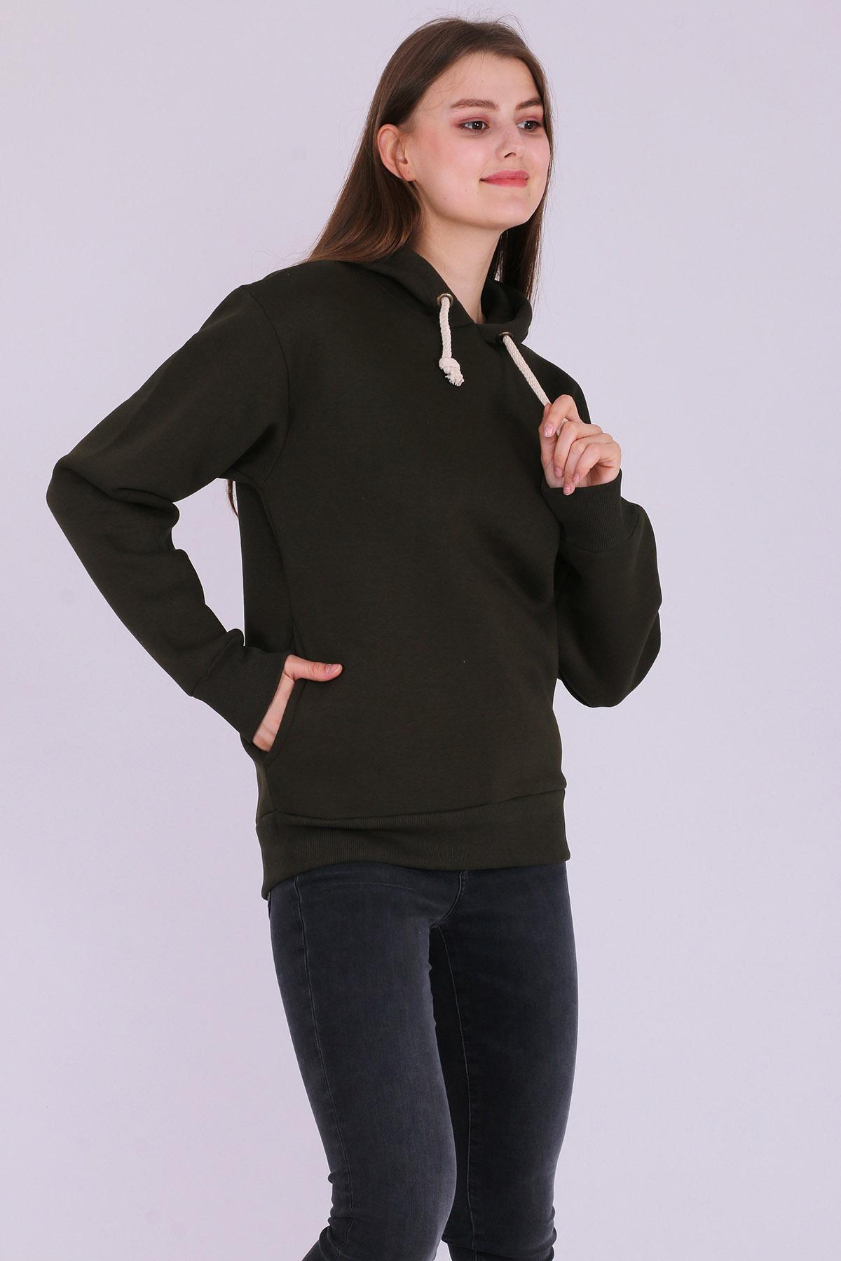 Haki Basic Oversize Kadın Kapüşonlu Hoodie 3 iplik Sweatshirt