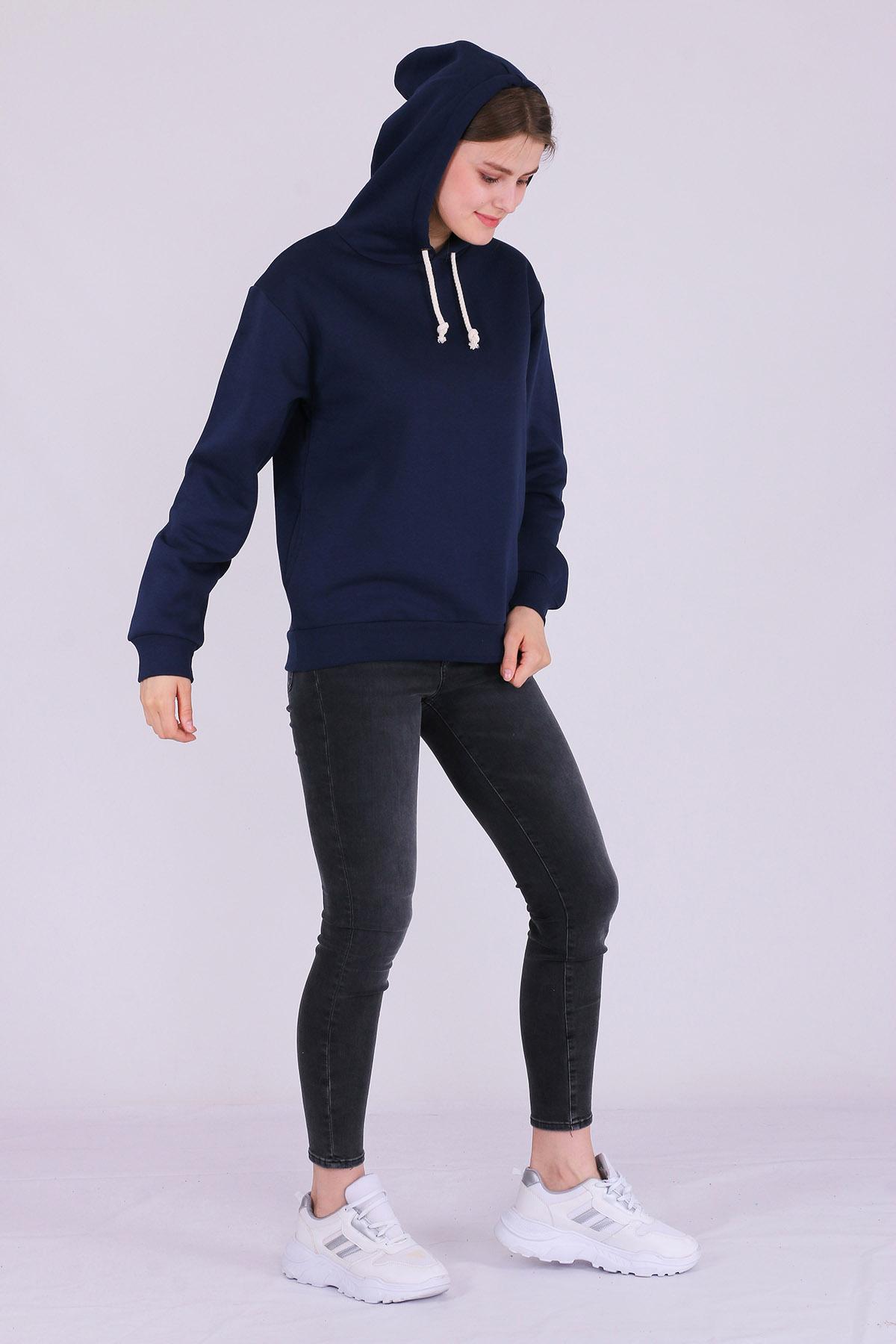 Lacivert Basic Oversize Kadın Kapüşonlu Hoodie 3 iplik Sweatshirt