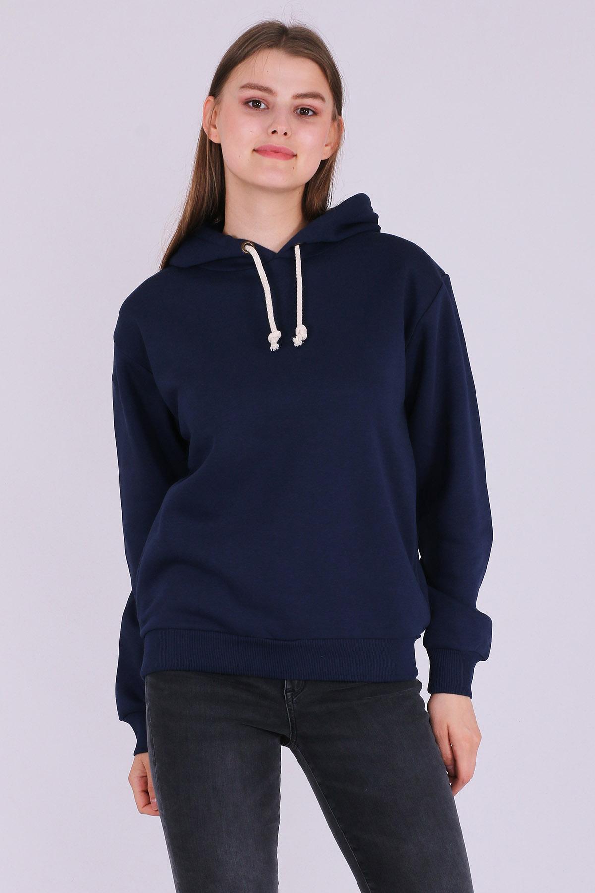 Lacivert Basic Oversize Kadın Kapüşonlu Hoodie 3 iplik Sweatshirt