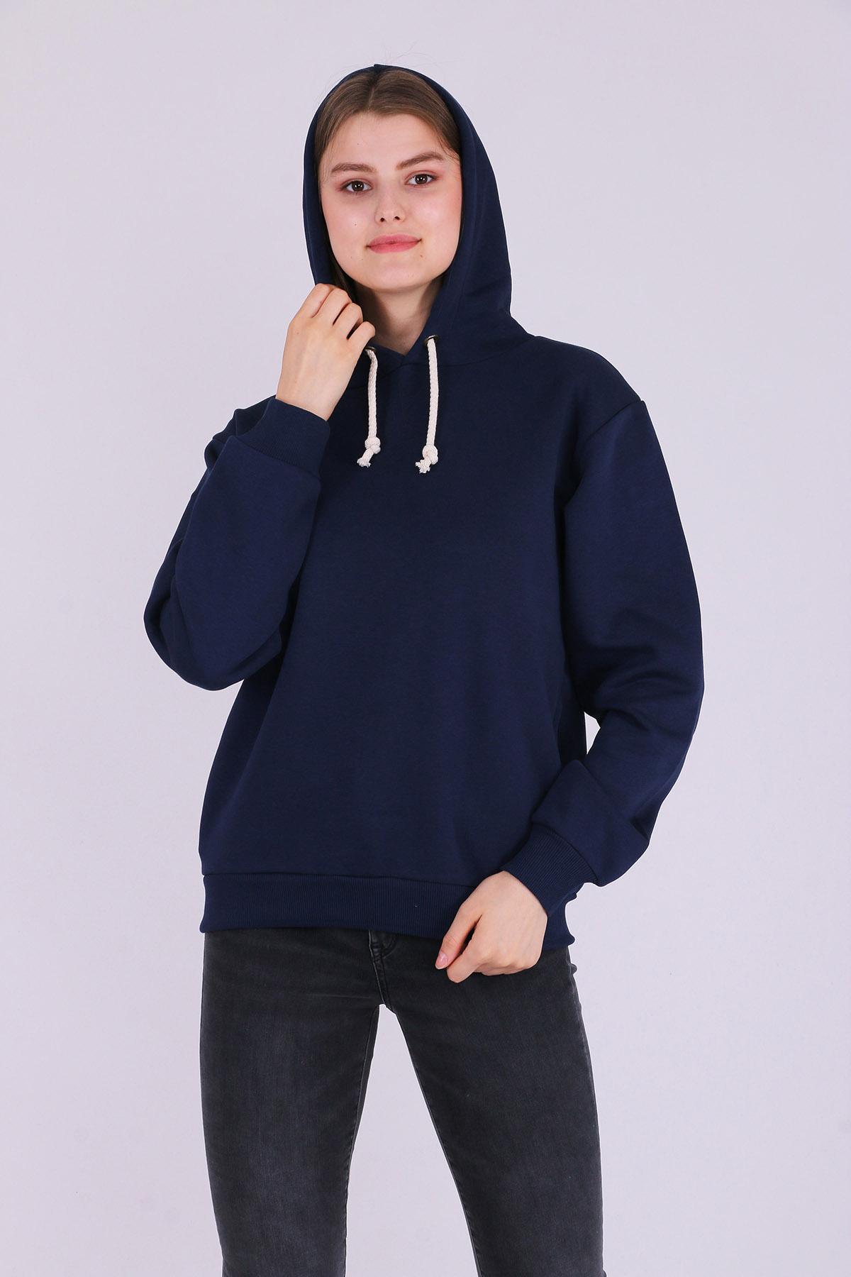 Lacivert Basic Oversize Kadın Kapüşonlu Hoodie 3 iplik Sweatshirt