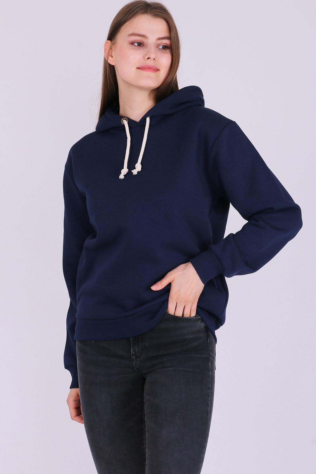 Lacivert Basic Oversize Kadın Kapüşonlu Hoodie 3 iplik Sweatshirt