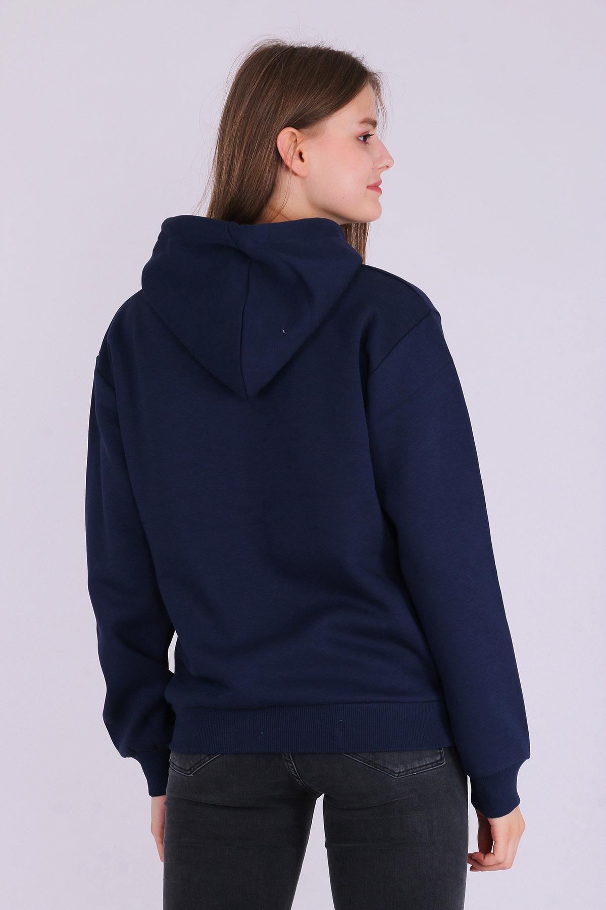 Lacivert Basic Oversize Kadın Kapüşonlu Hoodie 3 iplik Sweatshirt