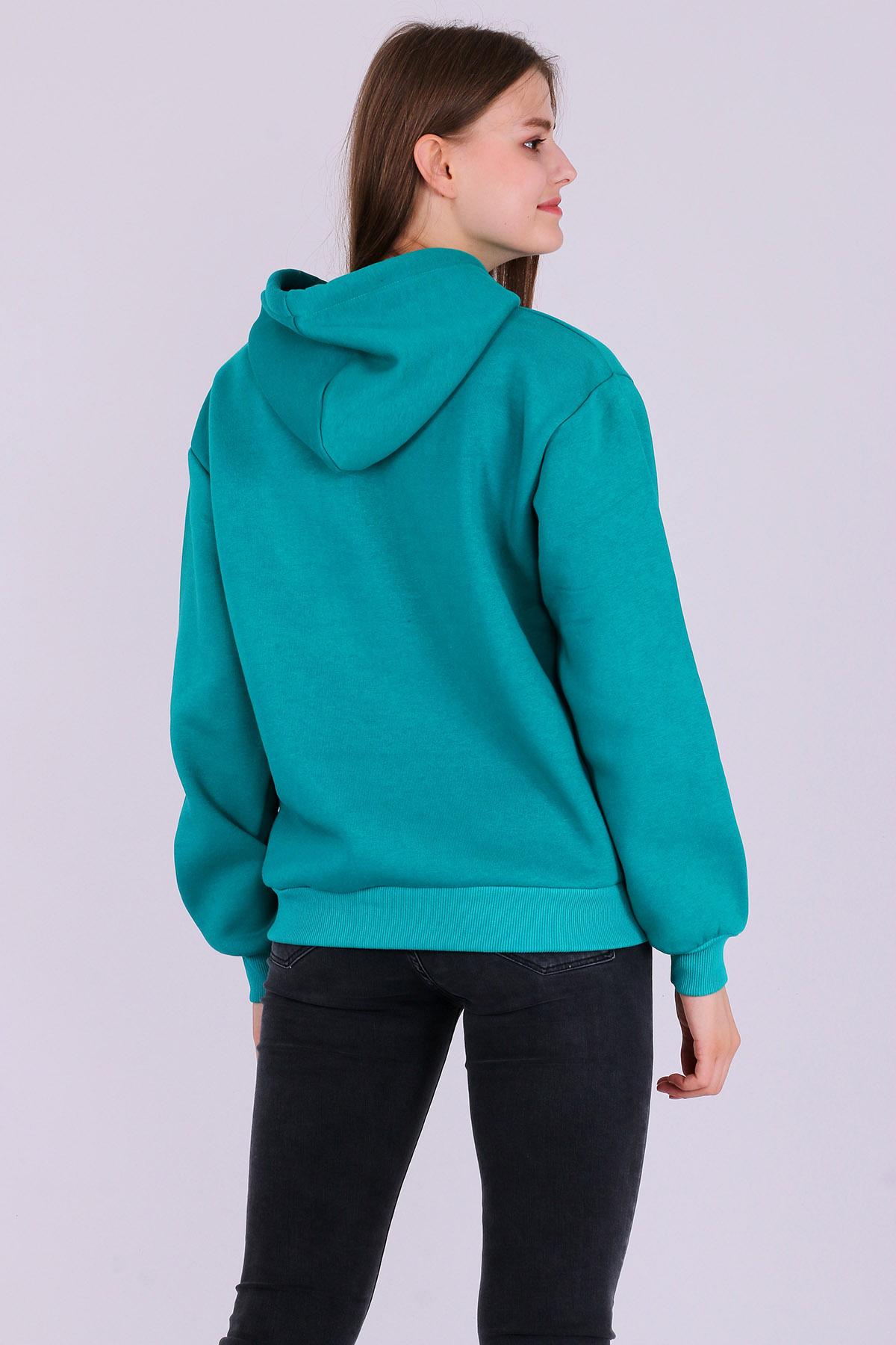 Yeşil Basic Oversize Kadın Kapüşonlu Hoodie 3 iplik Sweatshirt