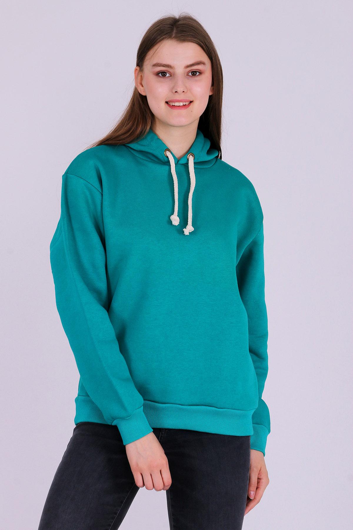 Yeşil Basic Oversize Kadın Kapüşonlu Hoodie 3 iplik Sweatshirt