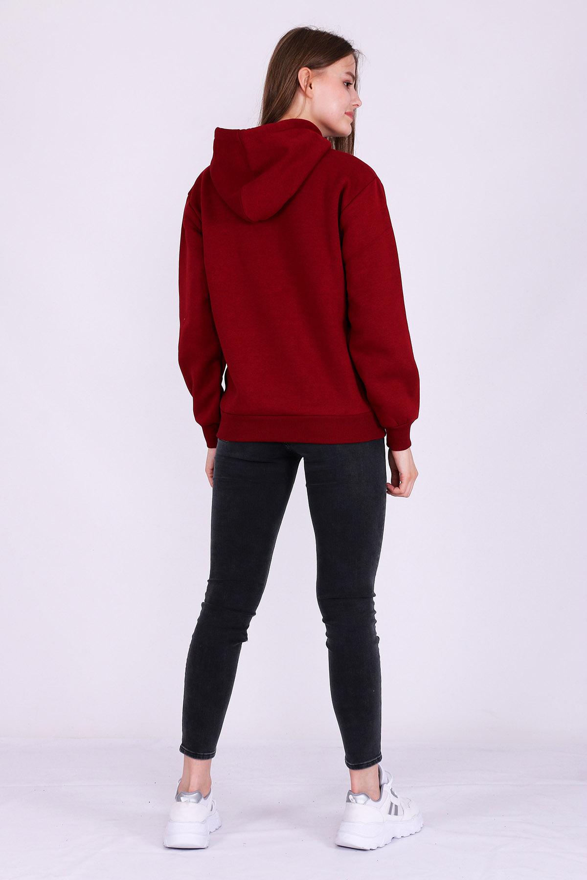 Bordo Basic Oversize Kadın Kapüşonlu Hoodie 3 iplik Sweatshirt