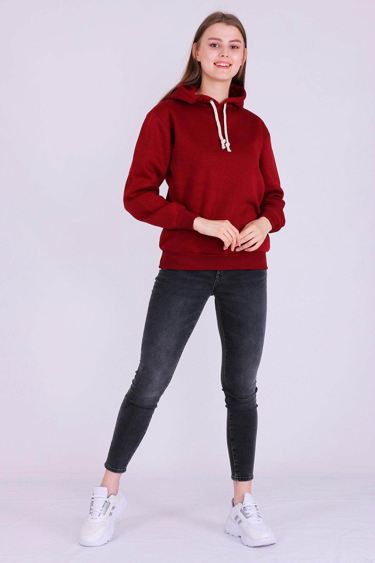 Bordo Basic Oversize Kadın Kapüşonlu Hoodie 3 iplik Sweatshirt