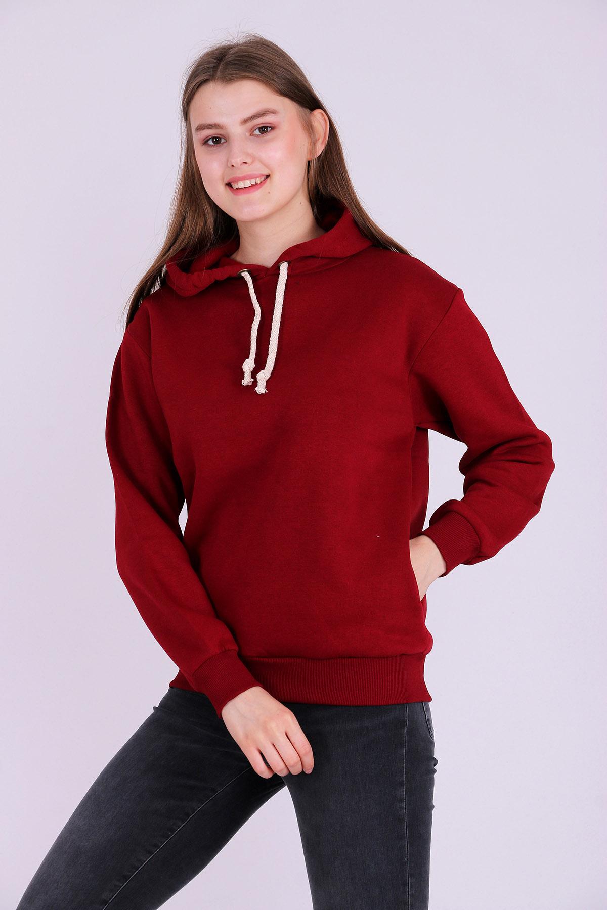 Bordo Basic Oversize Kadın Kapüşonlu Hoodie 3 iplik Sweatshirt