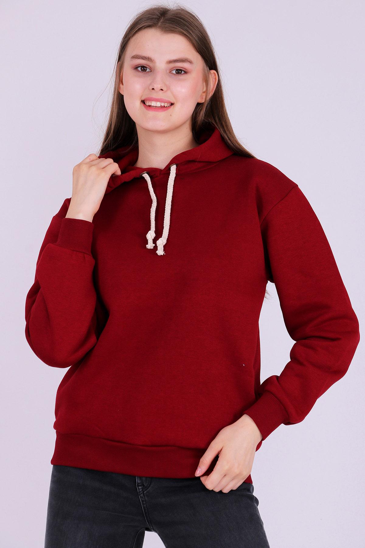 Bordo Basic Oversize Kadın Kapüşonlu Hoodie 3 iplik Sweatshirt