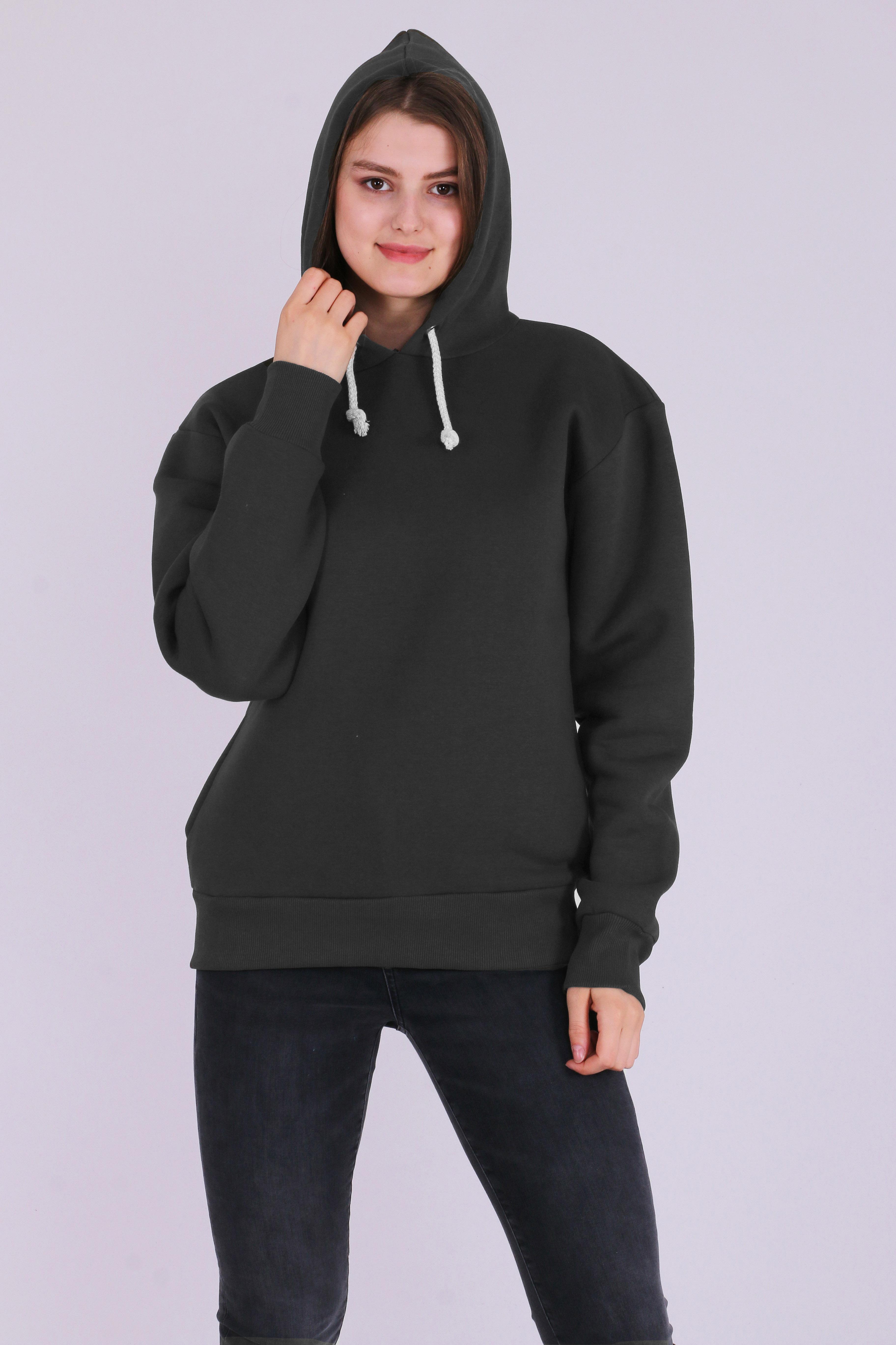 Füme Basic Oversize Kadın Kapüşonlu Hoodie 3 iplik Sweatshirt