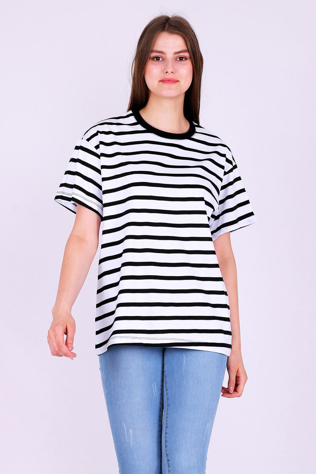 Kalın Çizgili Kadın Oversize Çizgili Basic Tshirt