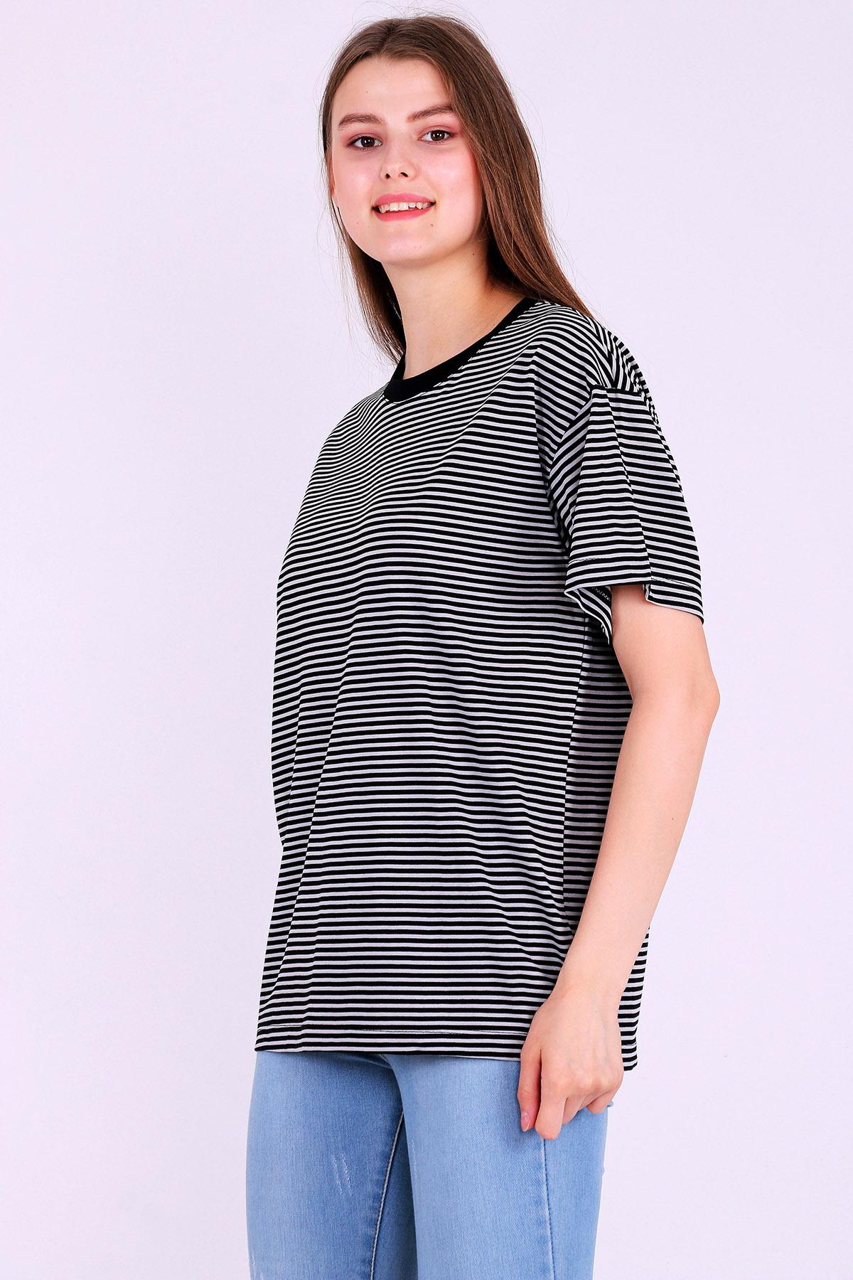 Siyah Gri Çizgili Kadın Oversize Çizgili Basic Tshirt