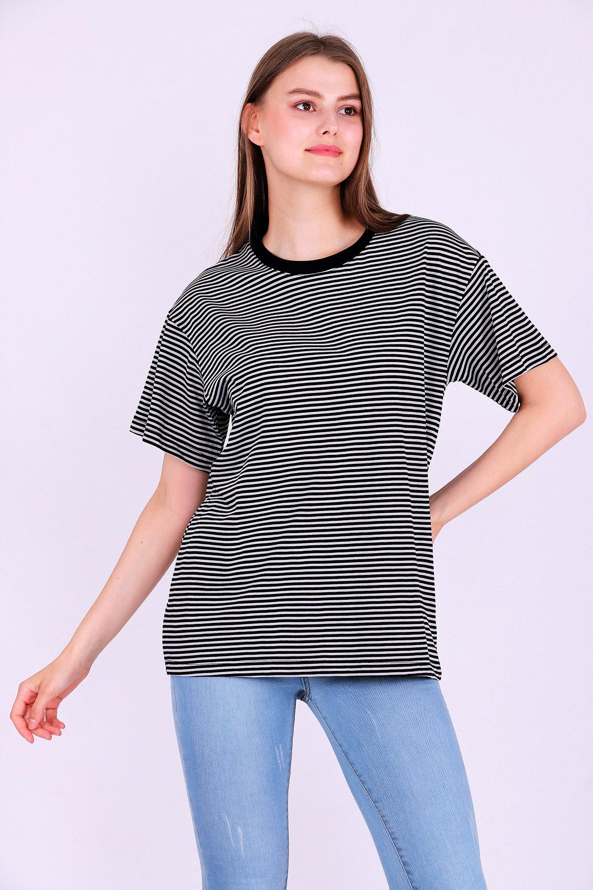 Siyah Gri Çizgili Kadın Oversize Çizgili Basic Tshirt