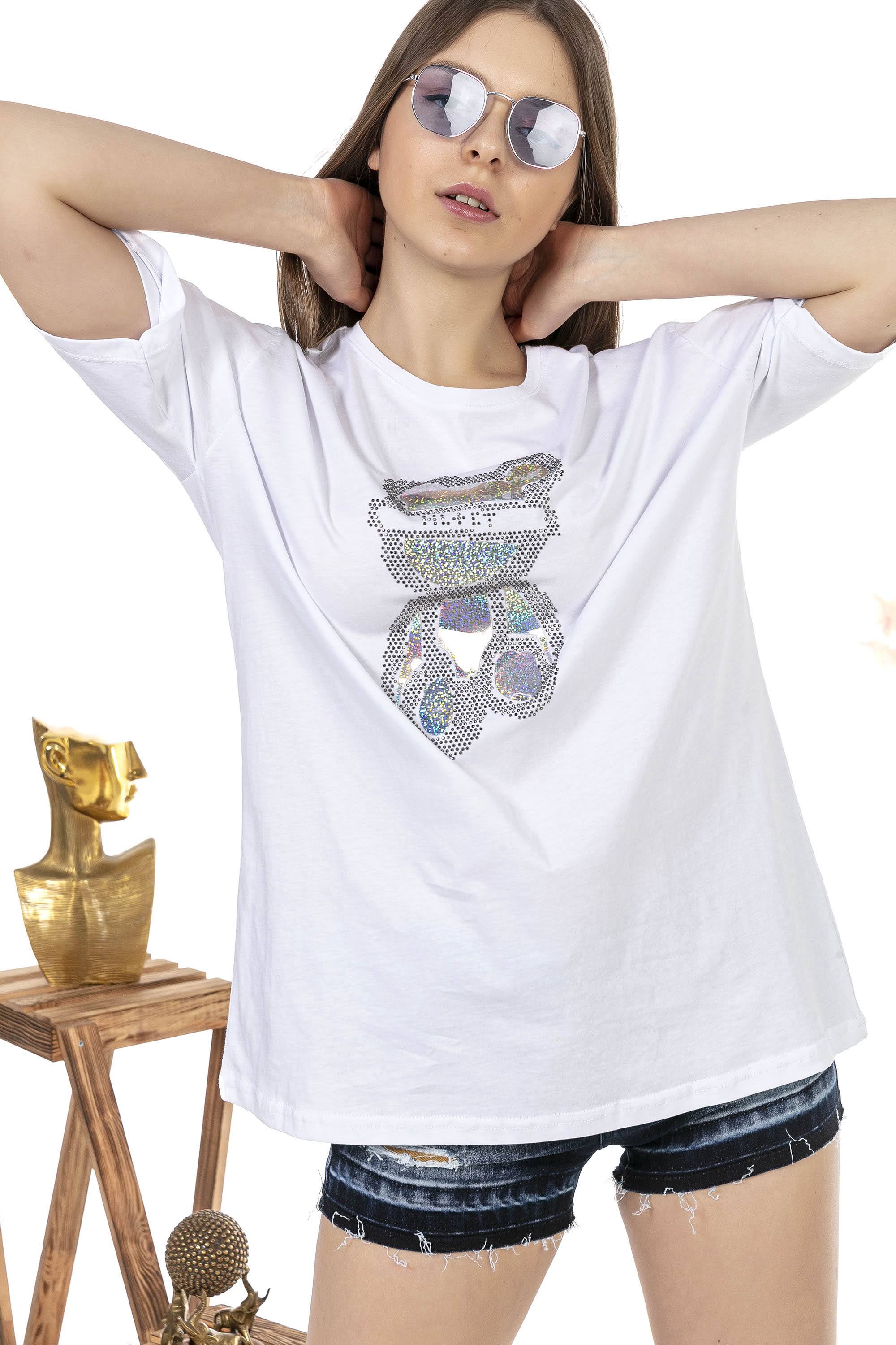 Kadın Oversize Taş İşlemeli Ayıcık Baskılı Tshirt
