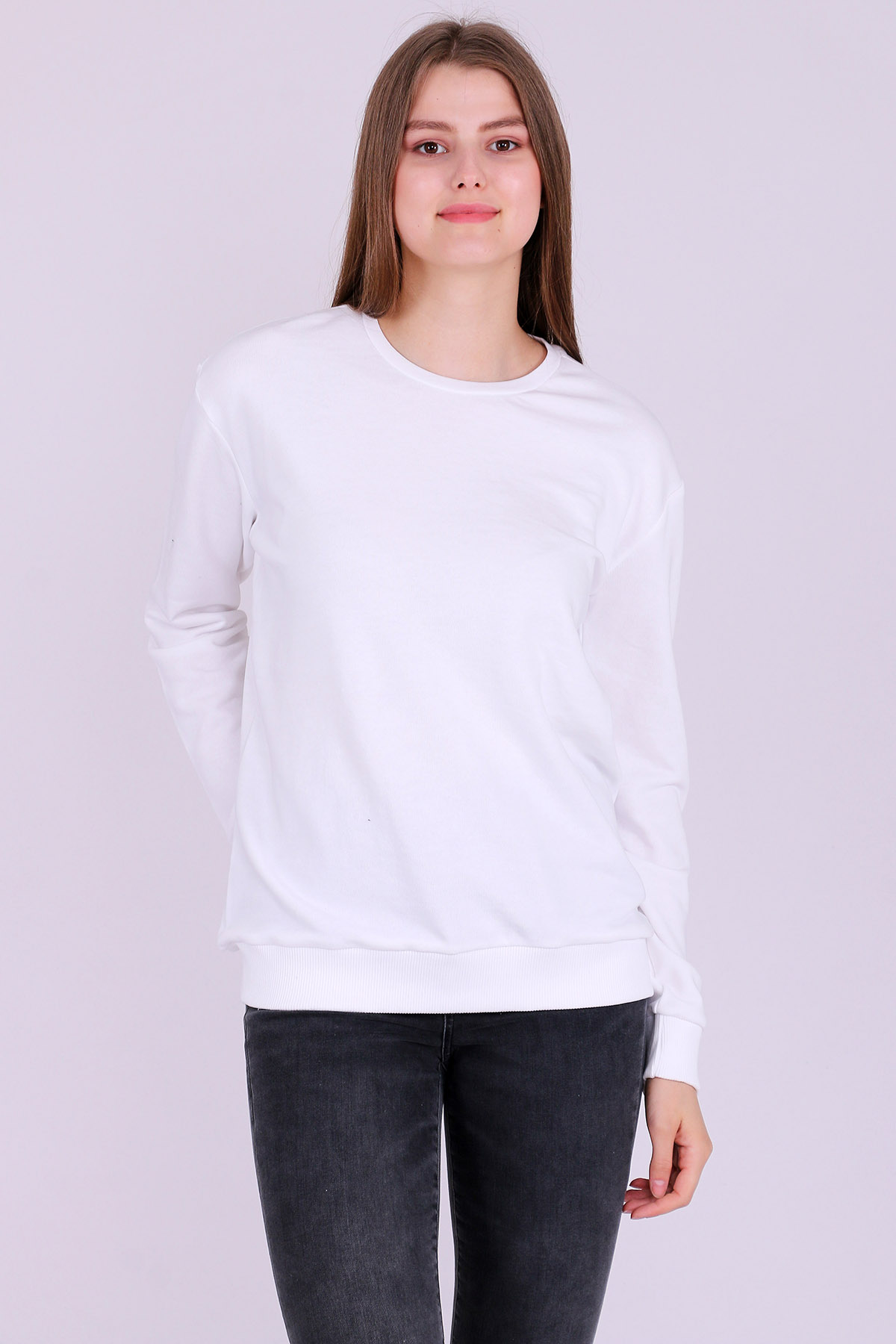 Beyaz Basic Kadın 2 iplik Sweatshirt