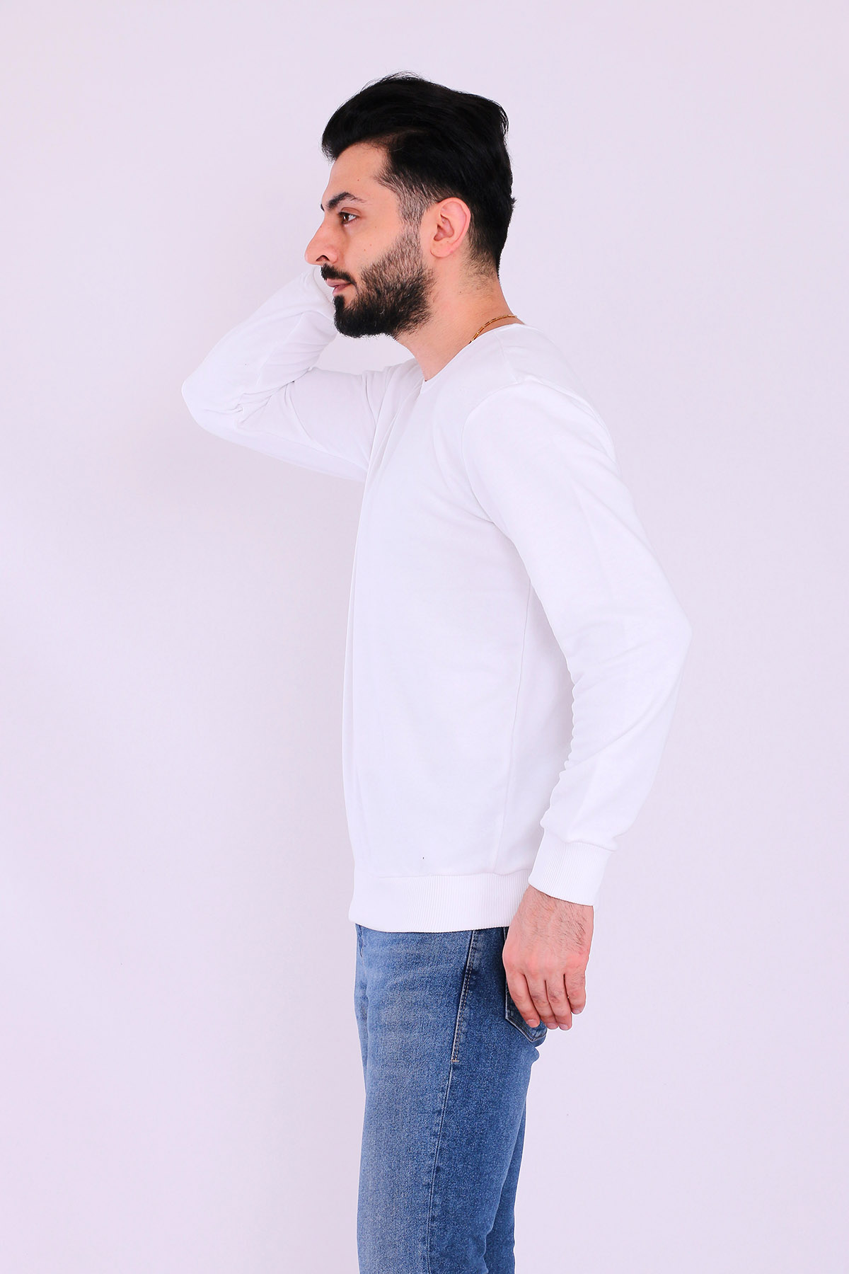 Beyaz Basic Erkek 2 iplik Sweatshirt