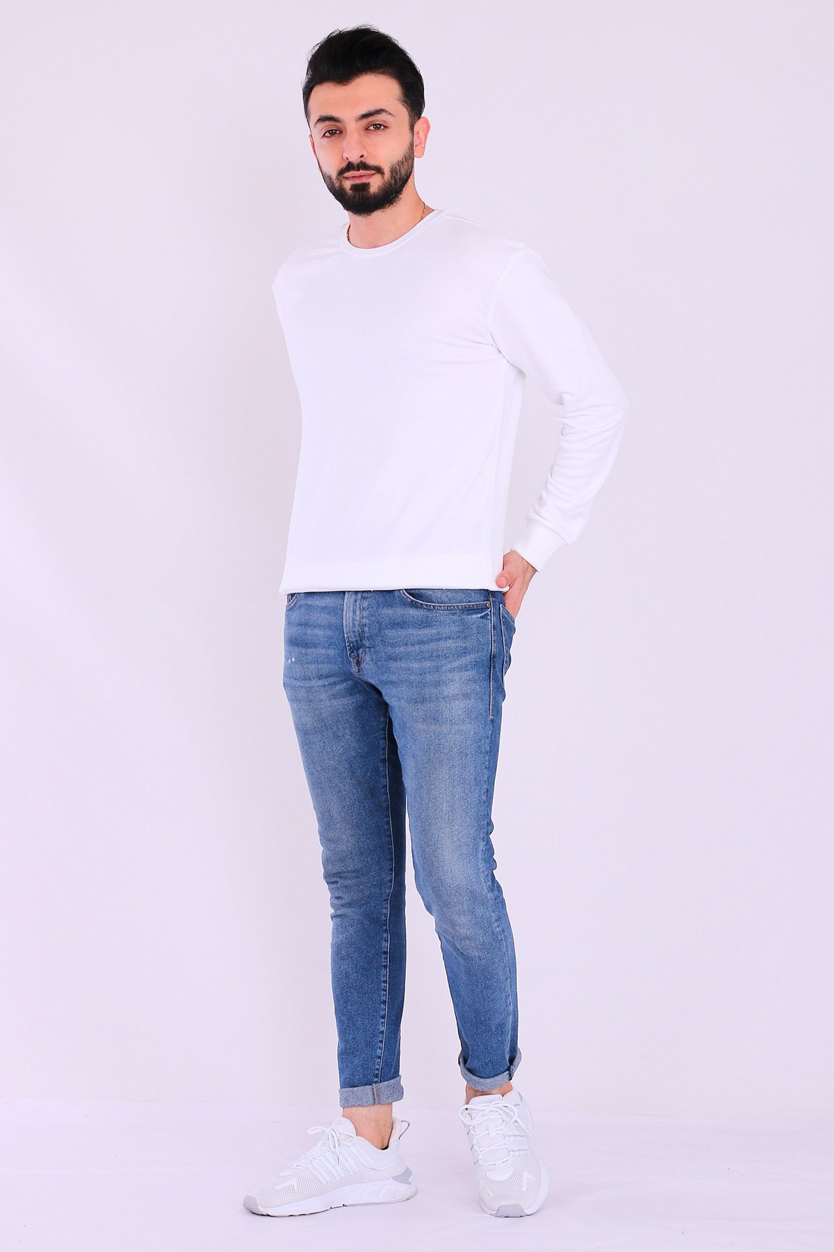 Beyaz Basic Erkek 2 iplik Sweatshirt