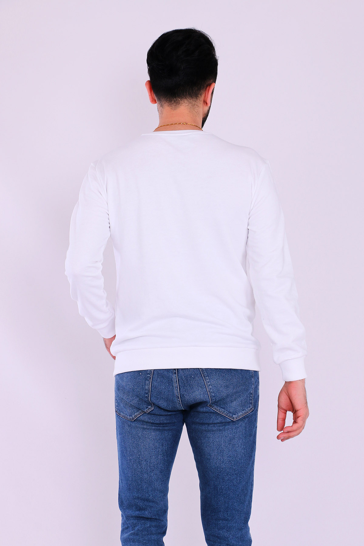 Beyaz Basic Erkek 2 iplik Sweatshirt