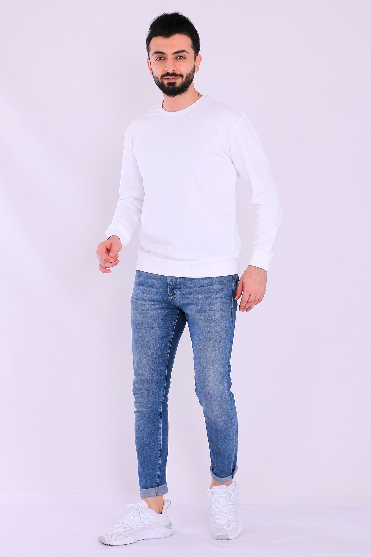 Beyaz Basic Erkek 2 iplik Sweatshirt