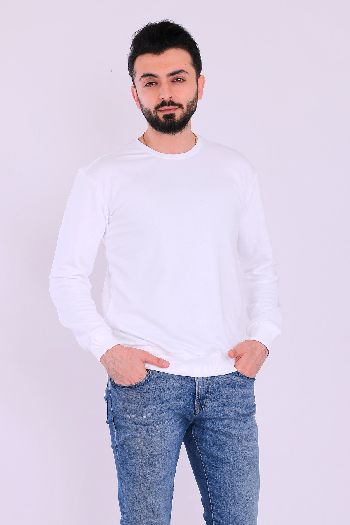 Beyaz Basic Erkek 2 iplik Sweatshirt