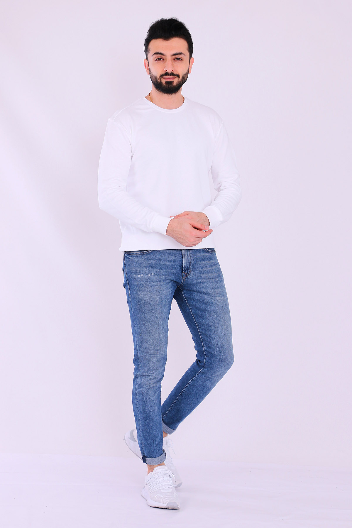 Beyaz Basic Erkek 2 iplik Sweatshirt