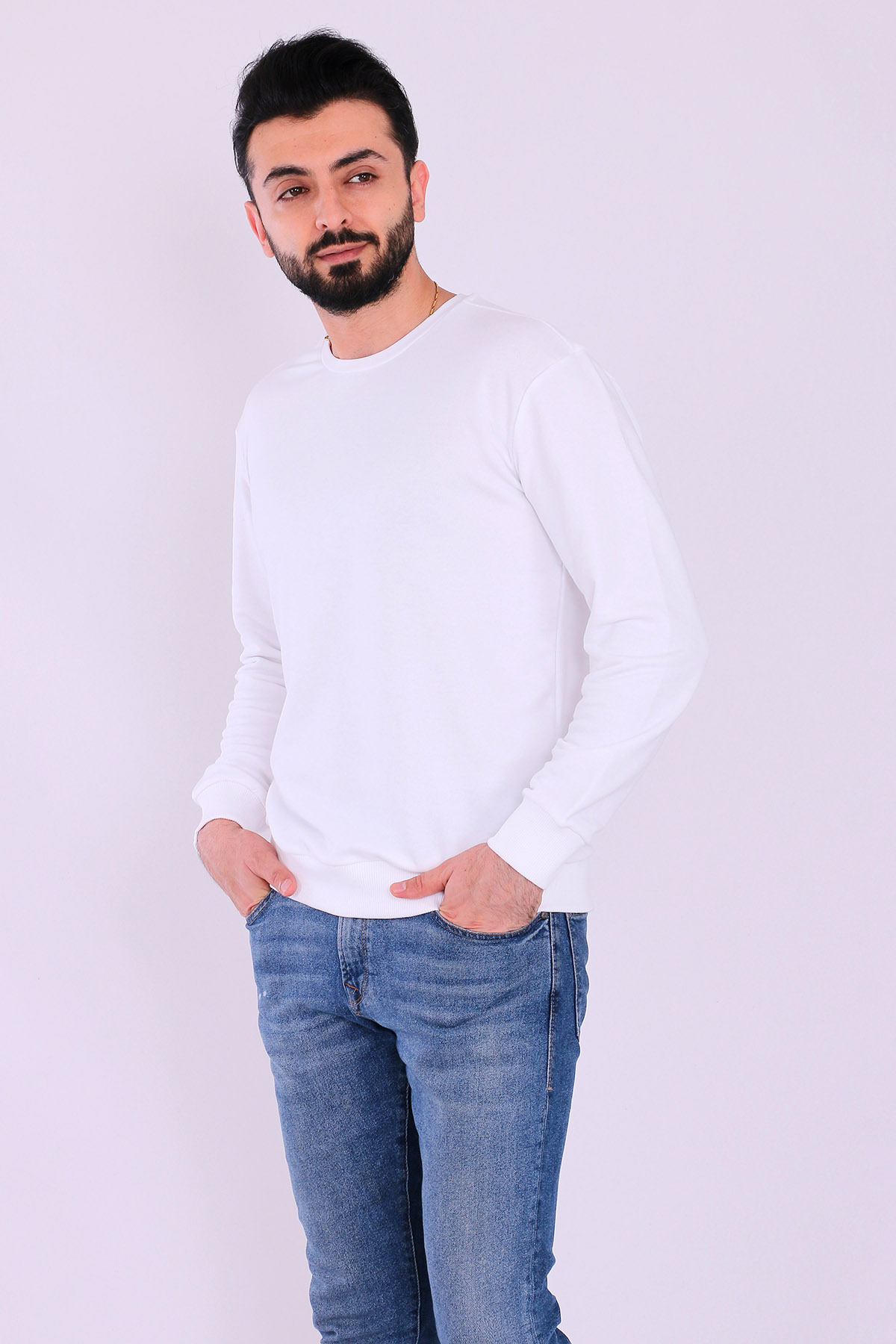 Beyaz Basic Erkek 2 iplik Sweatshirt