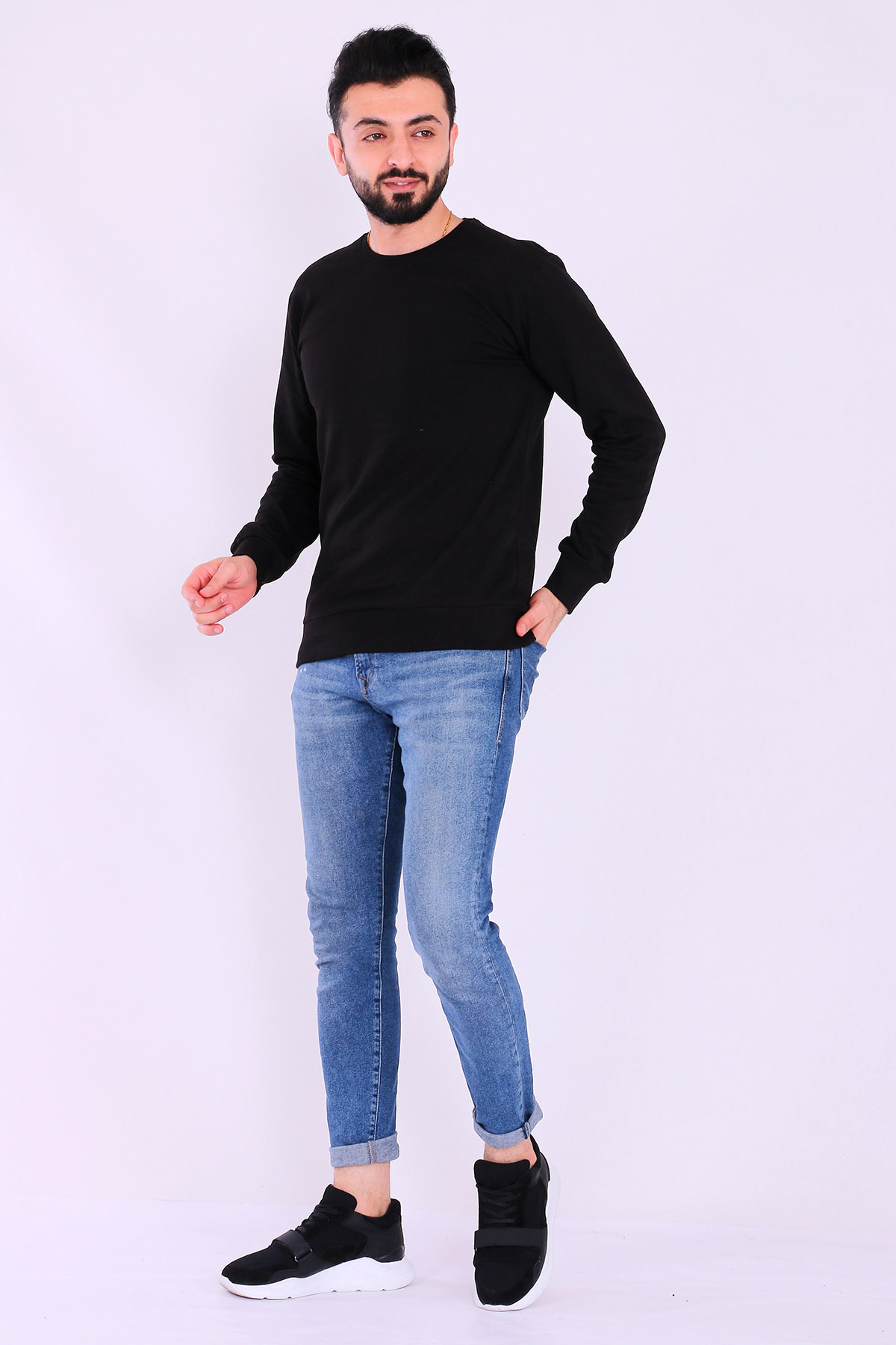 Siyah Basic Erkek 2 iplik Sweatshirt