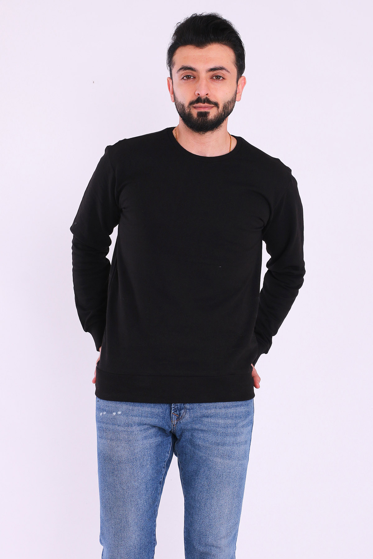 Siyah Basic Erkek 2 iplik Sweatshirt